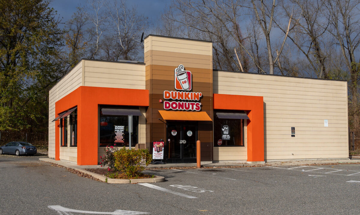 A Dunkin' Donuts restaurant in West Springfield, MA, USA, on November 12, 2023. Dunkin' is an American multinational coffee and doughnut company.